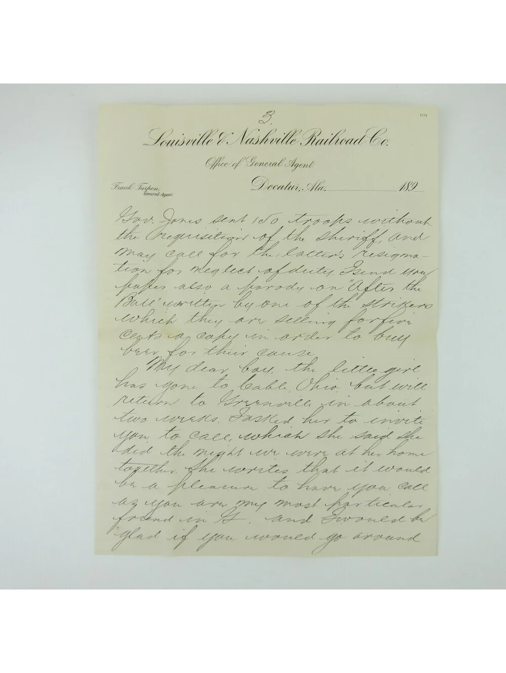 Louisville & Nashville Railroad Letter Envelope Frank Turpen Strike Antique 1893